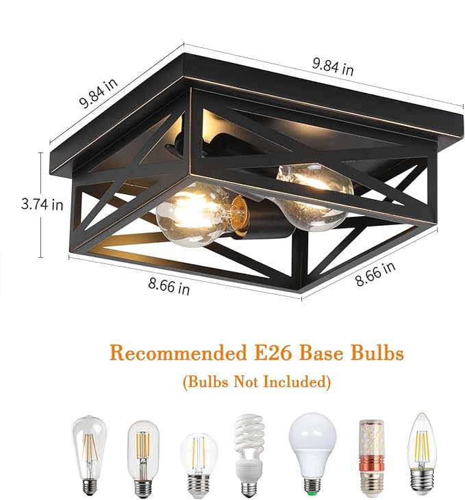 2Pack Flush Mount Ceiling Light Fixture,Black Farmhouse Kitchen Lighting Fixtures Ceiling Rustic Light Fixtures for Dining Room, Kitchen, Porch, Hallway, Entryway(Black & Gold Border)