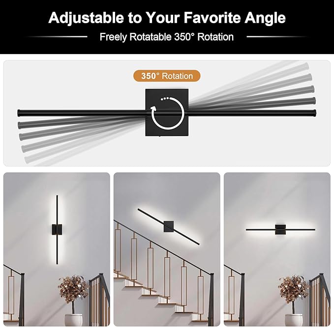 Black Hardwired Wall Sconces, Modern Wall Light, 29.1 Inch Not Dimmable Wall Light Fixtures, 350° Rotate LED Wall Lamp for Bedroom, Living Room, Bathroom, Hallway