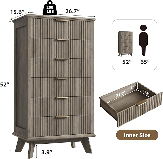 QUW Fluted 6 Drawer Dresser for Bedroom, Modern Tall Chest of Drawers with Metal Handle, Large Wood Storage Chest Organizer Accent Storage Cabinet for Living Room, Hallway, Entryway, Grey