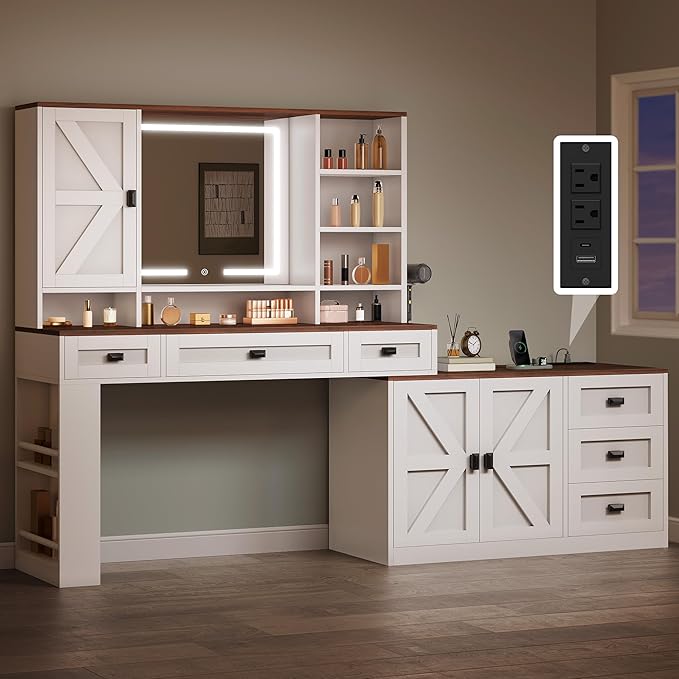 YITAHOME 48'' Farmhouse Makeup Vanity Desk with Mirror and Lights, 68'' 360° Rotation Big Modern Lighted Vanity Table with 6 Drawers & Lots Shelves, Rustic Large Dressing Table, Antique White