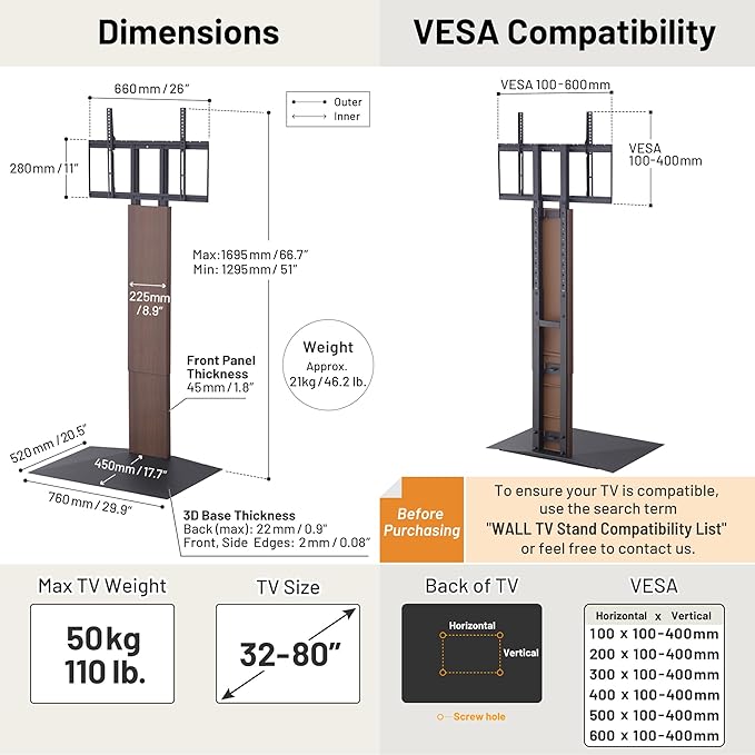 WALL V3 High Type | Sleek 32-80 Inch Universal Ultra Thin TV Stand | Satin Black | for Living Room and Bedroom, Space Saving, Adjustable Mount, No Drill, Japan-Engineered Design