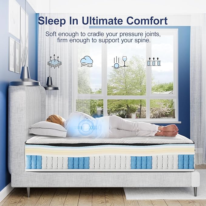 Suiforlun Queen Mattress, 14 Inch Euro Top Gel Memory Foam and Pocket Coils Innerspring Hybrid Mattress Queen with 7 Premium Layers, Targeted Support, Medium Firm, 120 Nights Trial, 60"*80”