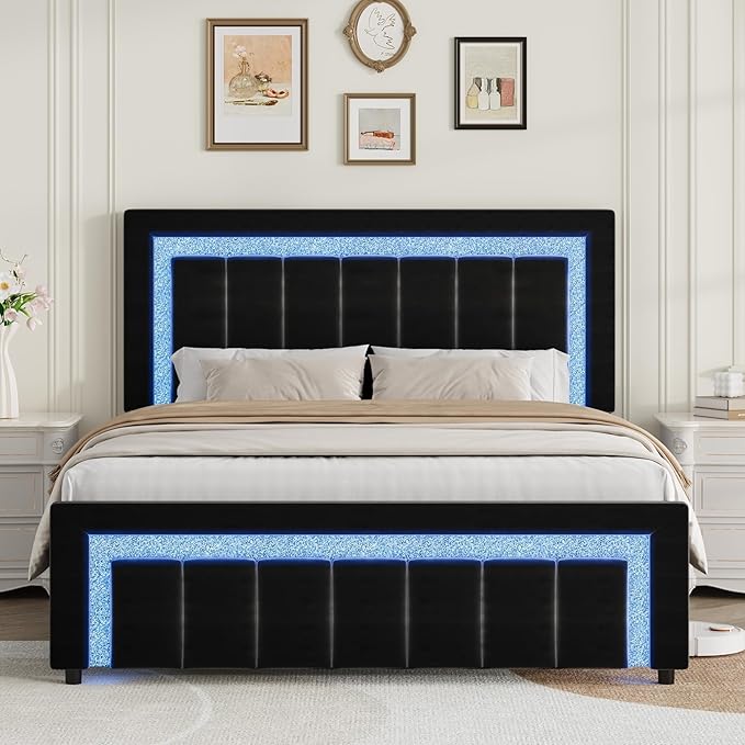 HOMBCK Queen Size Bed Frame with LED Lights and Velvet Upholstered Headboard, Bed Frame Queen with Modern Diamond Headboard Adjustable, Wooden Slats Support, Noise Free, No Box Spring Needed, Black