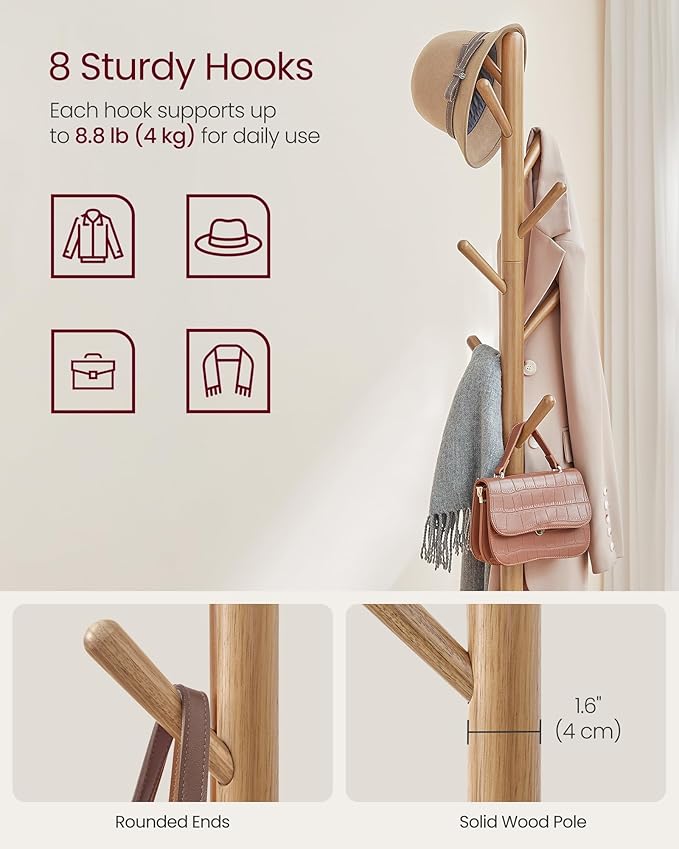 VASAGLE Coat Rack, Free Standing Coat Stand, Hall Coat Tree with 8 Hooks and Storage Shelf, 67.2 Inch Tall, for Coats, Hats, Bags, for Entryway, Hallway, Bedroom, Natural Beige URCR040N02
