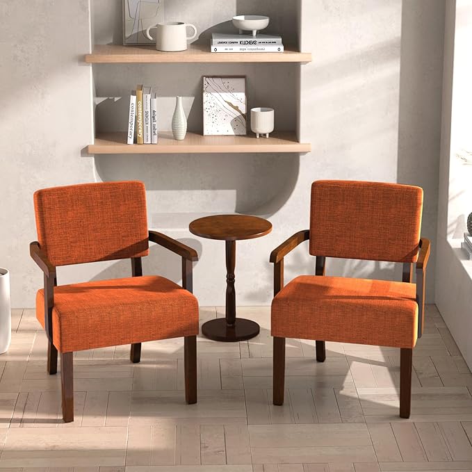Accent Chair Set of 2 with Table, Living Room Chairs with Soft Seat and Armrests for Living Room Bedroom Reading Room Waiting Room (Orange), Linen, AC01