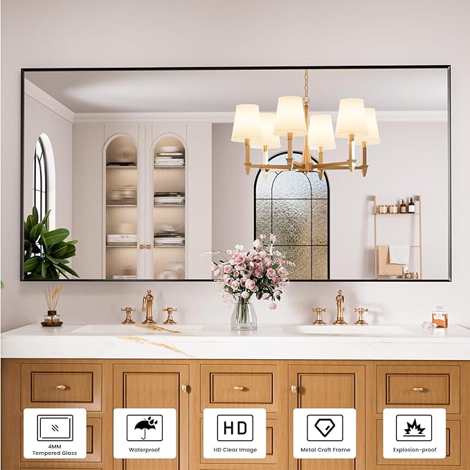 Bathroom Mirror Black,60x30 Inch Large Matte Black Bathroom Vanity Mirror,Rectangle, Square Corner, Anti-Rust,Shatter-Proof, Bedroom, Living Room, Entryway, Wall-Mounted(Horizontal/Vertical)