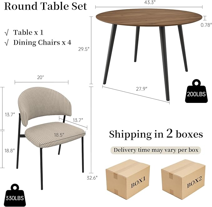 43.3 Inch Round Dining Table Set for 4, Modern Small Kitchen Coffee Set for Dining Room Kitchen Apartment (Walnut Table + 4 Grey Shell Chairs)