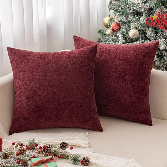 MIULEE Pack of 2 Couch Throw Pillow Covers 16x16 Inch Soft Wine Red Chenille Pillow Covers for Sofa Living Room Solid Dyed Pillow Cases