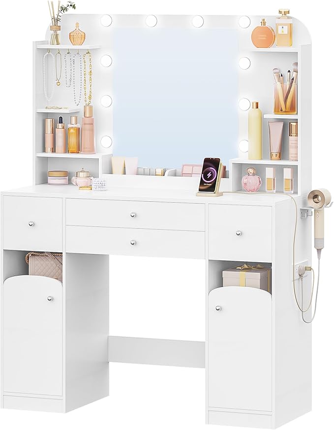 Vanity Desk with HD Mirror and Led Light, Makeup Vanity with Power Strip, Dressing Table with 4 Drawers, 42.5'' Large Tabletop, 2 Open Storage Cabinets, with Jewelry Storage, White
