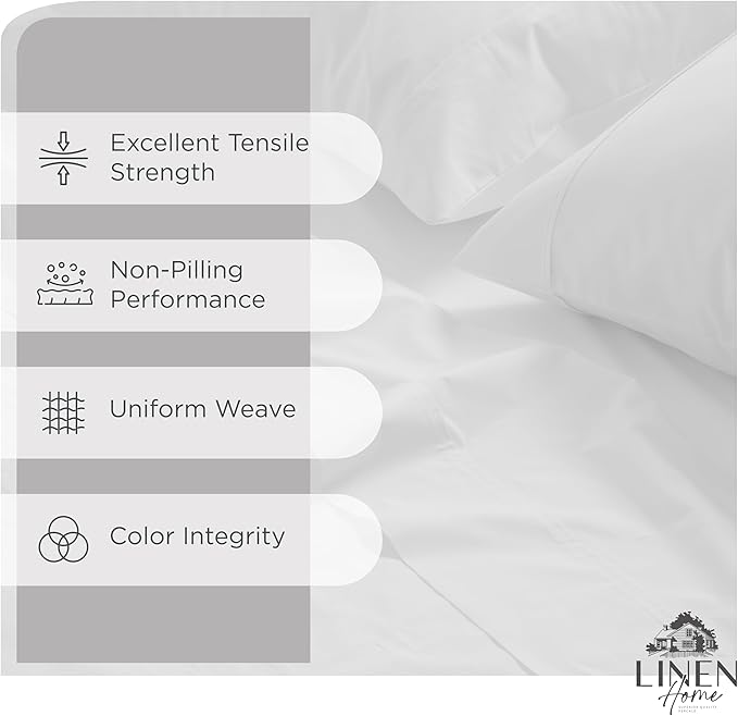 Linen Home 100% Cotton Percale Sheets Queen Size, Snow White, Deep Pocket, 4 Pieces Set - 1 Flat, 1 Deep Pocket Fitted Sheet and 2 Pillowcases, Crisp Cool and Strong Bed Linen