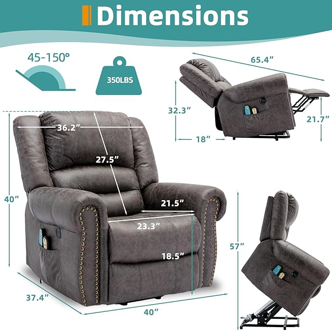 MEETWARM Large Power Lift Electric Recliner Chair with Massage and Heat, Overstuffed Wide Recliner for Elderly, Heavy Duty Recliner for Living Room with 2 Remote Controls/USB Ports/Side Pockets(Gray)