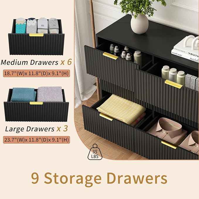 9 Drawer Dresser for Bedroom with Deep Drawers, 63" Wide Wood Dresser, Large Floor Chest of Drawers, Modern Long TV Stand, Storage Cabinet Side Table, Black