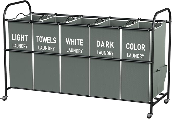 5-Section Laundry Sorter Cart, Large Laundry Hamper with Lockable Rolling Wheels, Versatile Storage Organizer with Removable Bags for Dirty Clothes, Gray