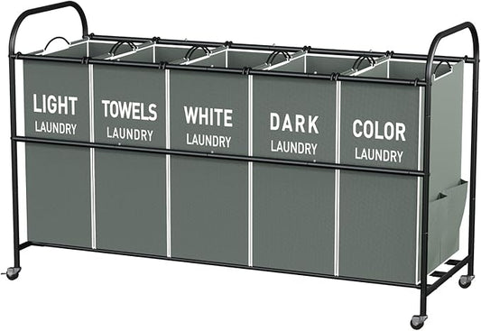 5-Section Laundry Sorter Cart, Large Laundry Hamper with Lockable Rolling Wheels, Versatile Storage Organizer with Removable Bags for Dirty Clothes, Gray