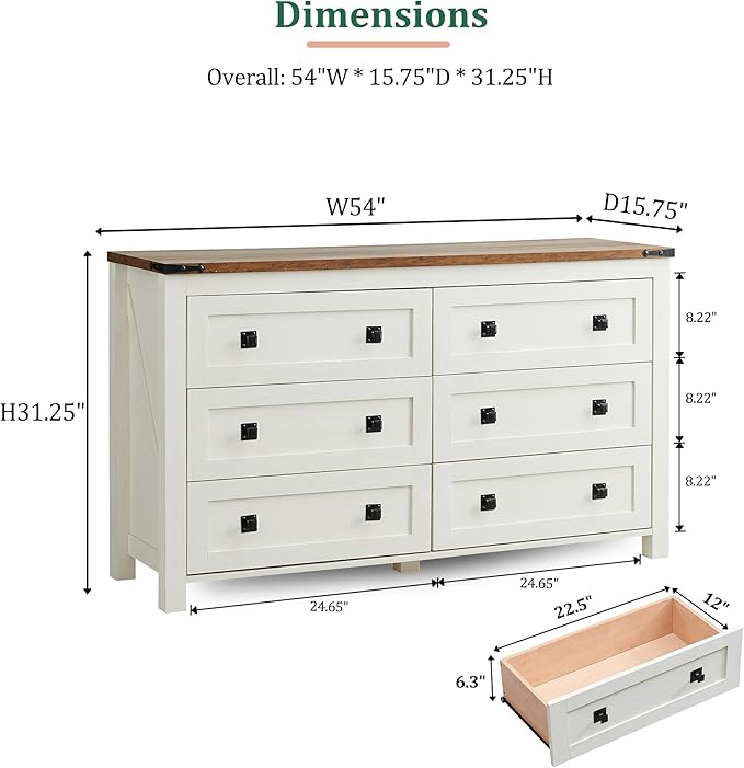 RedLemon 6 Drawer Dresser for Bedroom, Farmhouse 54 Inch Wide Rustic Wood Dresser TV Stand, Chest of Drawers for Closet, Living Room, Hallway, Antique White