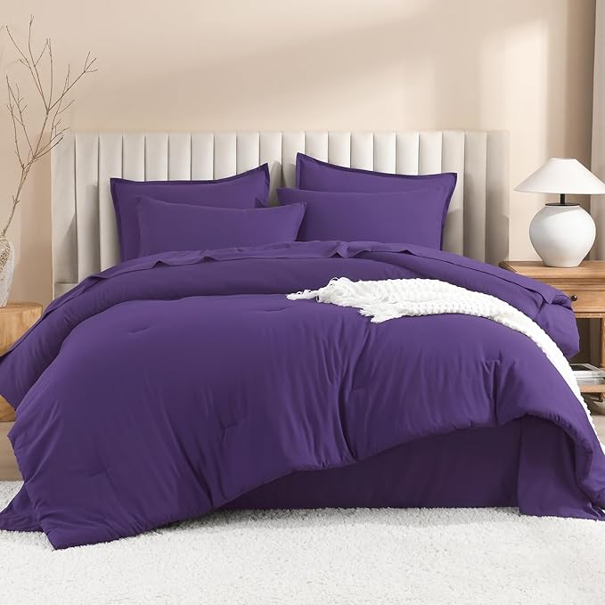 Litanika Comforter Queen Size Set Purple - 7 Pieces Bed in a Bag Queen Bedding Comforter Sets, Plain Lightweight Bed Set with Comforter, Sheets, Pillowcases & Shams