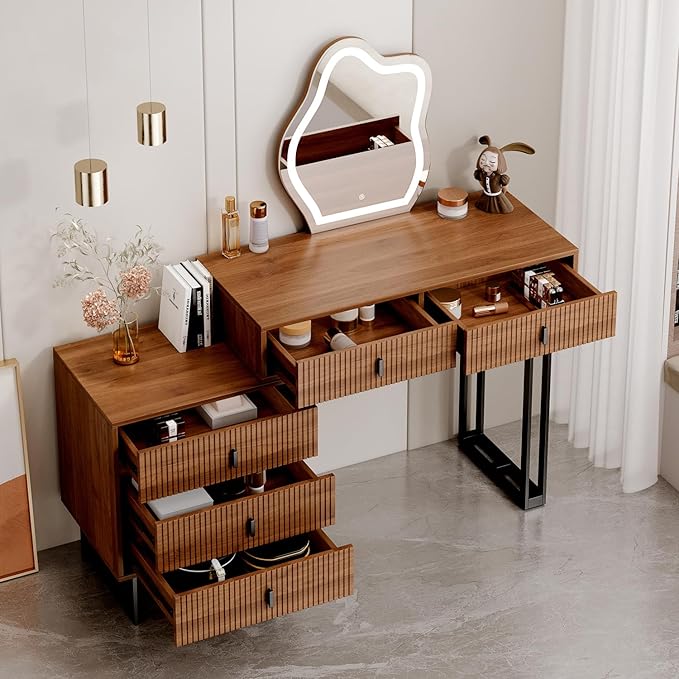 Brown Vanity Desk with Mirror and Lights,Small Makeup Vanity with 5 Drawers，Modern Makeup Table with Adjustable Cabinet for Bedroom,Makeup Room