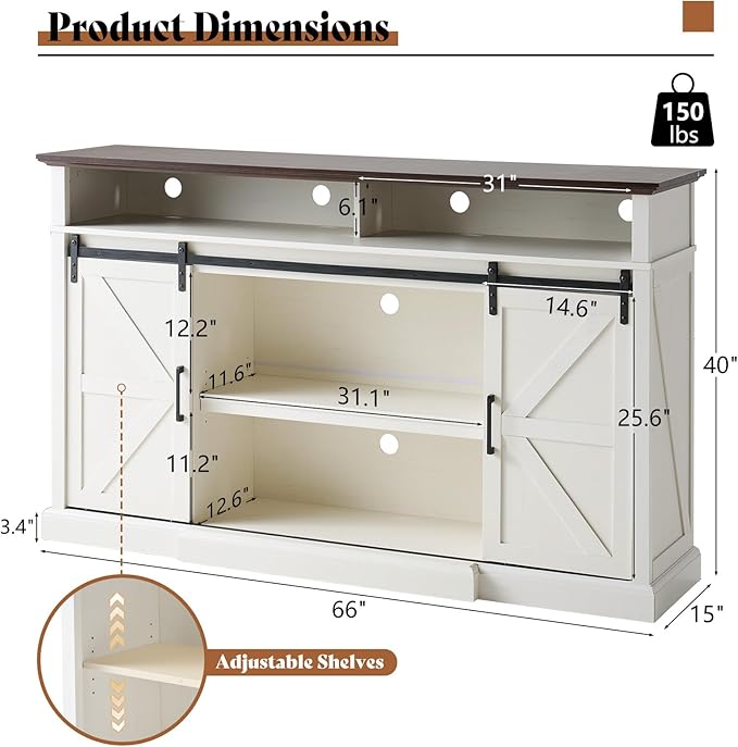 AMERLIFE 66" W Farmhouse TV Stand, Wood 40" H Tall Entertainment Center with Sliding Barn Door & Large Storage Shelves, Rustic Media Console for TVs up to 75", Distressed White