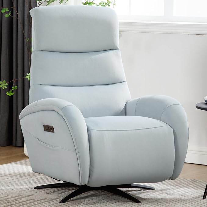 Power Recliner Chairs for Adults, Recliner Swivel Chair with USB & Type-C Ports, Blue Fabric Recliner Chairs for Adults with 270° Swivel, Oversize Reclining Chair W/ 20.1" Wide Seat
