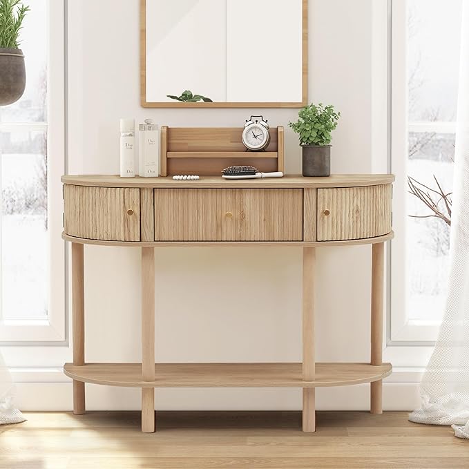 43.3“ Fluted Half Moon Console Table, Modern Entryway Console Sofa Table with Storage, Narrow Wood Accent Tables Behind Couch Tables for Living Room, Hallway, Foyer(Natural)
