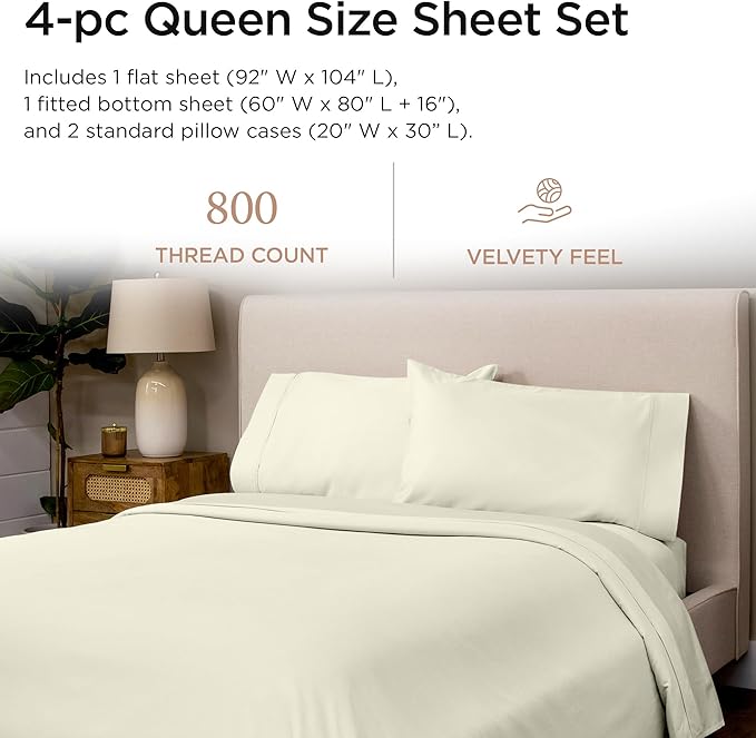 Threadmill Luxury 800 Thread Count Queen 100% Cotton Sheets - Ivory Sateen Weave Bed-Sheets, Better Than Egyptian Cotton,4 Pc Solid Soft Bed Set, Fits 16" Deep Pocket