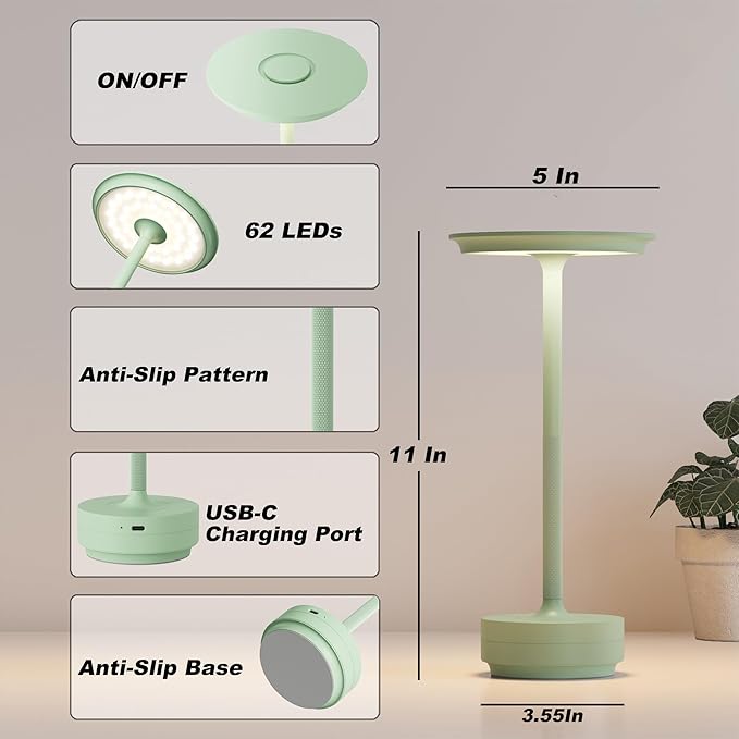 2 Pack Rechargeable Table Lamps Cordless, Portable 5000mAh Outdoor Table Light, 3 Color Stepless Dimming LED Table Lamp with Memory Function, for Home/Dinner/Patio/Restaurant.(Light Green)