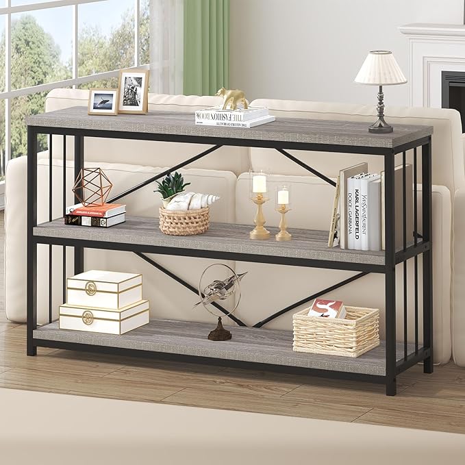 HSH Horizontal Bookshelf, Industrial Metal Wood Low Bookcase, Open 3 Tier Small Bookshelves with Storage for Living Room, Farmhouse Short Etagere Book Shelf for Office Bedroom, Light Grey Oak, 47 Inch