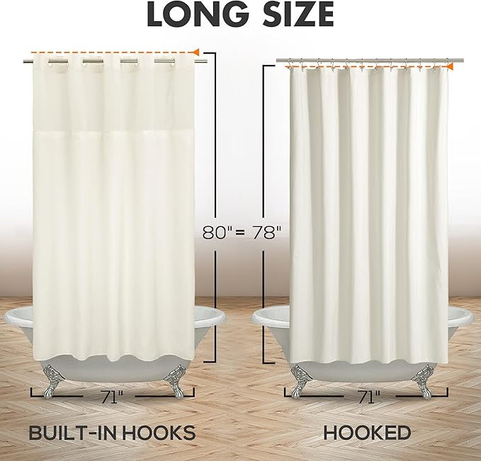 Long No Hook Slub Textured Shower Curtain with Snap-in PEVA Liner Set - 71" x 80"(78"), Hotel Style with See Through Top Window, Cream Fabric Curtain & Waterproof Liner, Sand,W71xH78