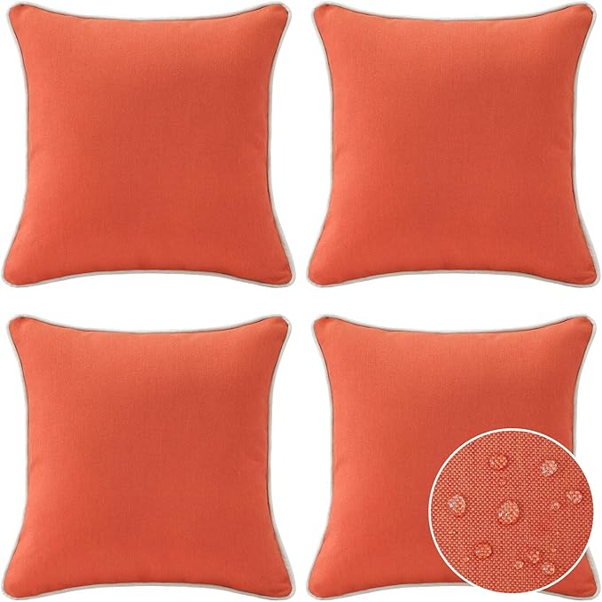 Decorative Outdoor Water Repellent Throw Pillows with Inserts, Set of 4, 16" x16" Pillows for Patio, Backyard, Bed, Couch, and Patio Furniture, Coral Orange