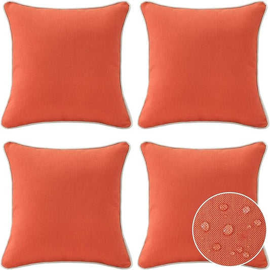 Decorative Outdoor Water Repellent Throw Pillows with Inserts, Set of 4, 16" x16" Pillows for Patio, Backyard, Bed, Couch, and Patio Furniture, Coral Orange