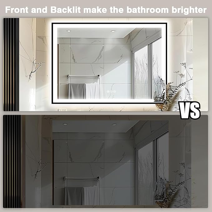 55x40 Bathroom Mirror with LED Lights - Black Framed, Front and Backlit Mirror, Anti-Fog LED Vanity Mirror, 3 Colors and Dimmable Mirror, Waterproof, Corrosion Proof (Horizontal/Vertical)