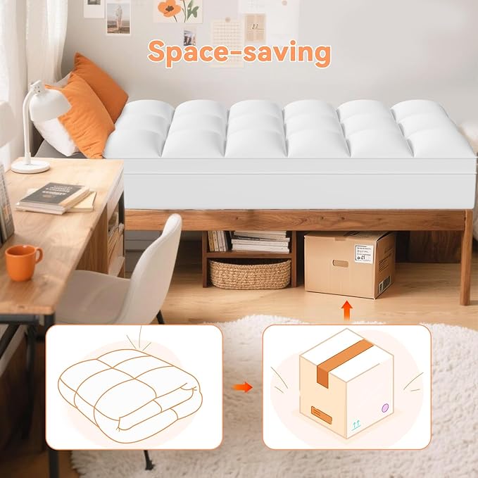 Twin XL Mattress Topper for Back Pain Relief, Extra Thick Pillow Top Plush Mattress Pad with Deep Pocket, Soft Pillowtop TwinXL Size Bed Toppers Filled Fluffy, College Dorm, White