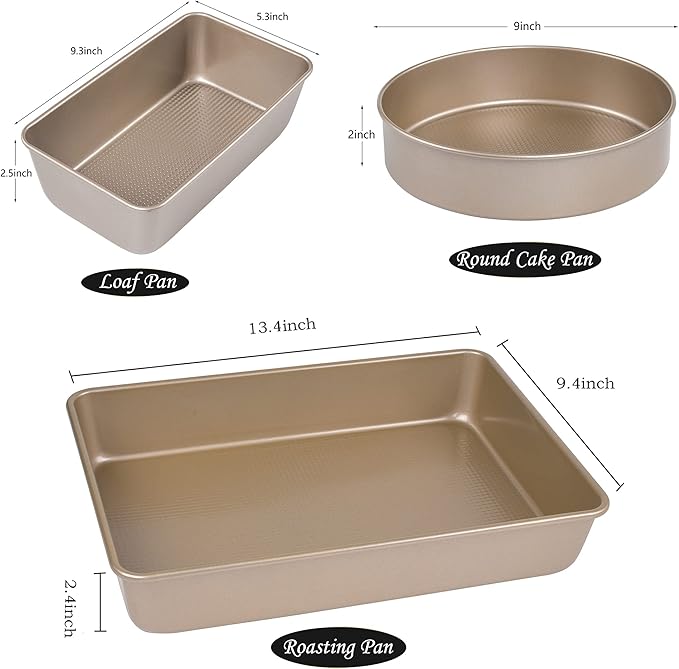 Kitcom Nonstick Bakeware Sets Textured 6-Piece with Cookie Sheet Set, Roasting Pan, Round Cake Pan, Loaf Pan, Heavy Duty Carbon Steel Premium Baking Pans, Champagne Gold