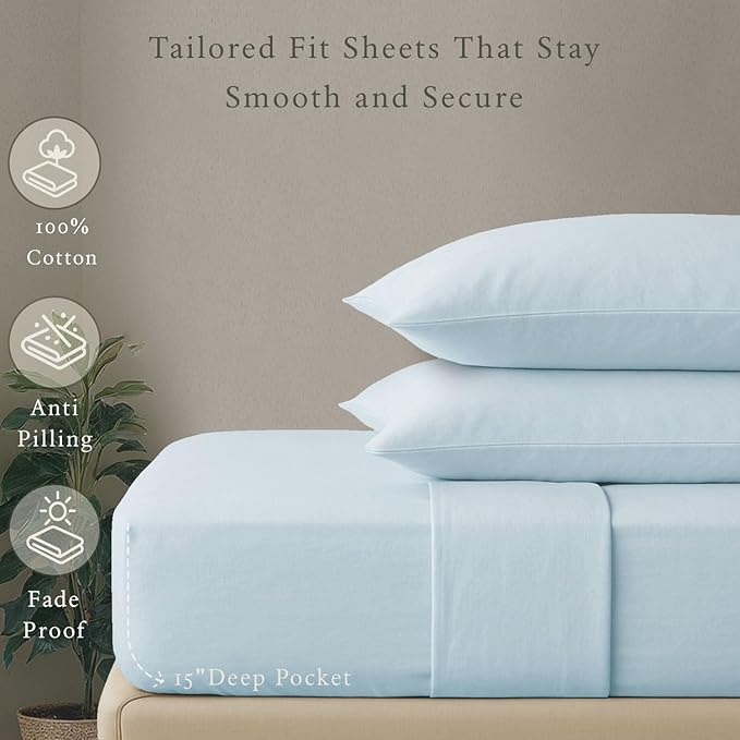 Threadmill Cotton Twin XL Sheets Set, Soft 100% Cotton, Cooling Bed Sheets with Deep Pocket Snug Fit Elastic, 500 Thread Count, 3-Pc, Hotel Quality Bed Sheets, Beats Egyptian Cotton Claim, Light Blue