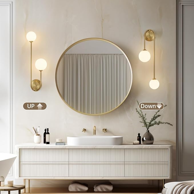 Golden Wall lamp Double Ball, mid-Century Modern Glass Wall sconces,with G9 Tricolor Bulb for Living Room Bedroom Bedside Stairs Restaurant Bathroom Corridor Aisle Lighting