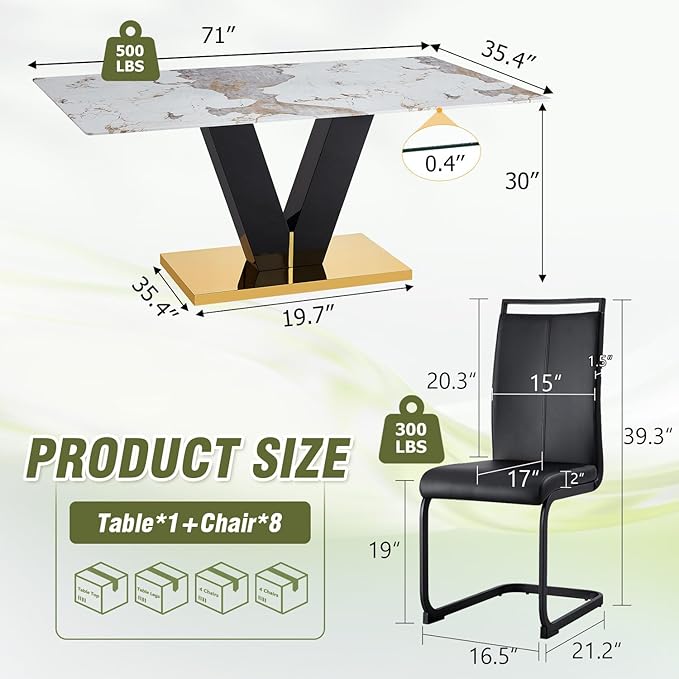 71'' Dining Table Set for 8,Rectangular Dining Room Table Set for 8,Marble Dining Table with 8 PU Leather Dining Chairs,Gold Dining Room Table with Glossy V-Shaped Base Ideal for Kitchen
