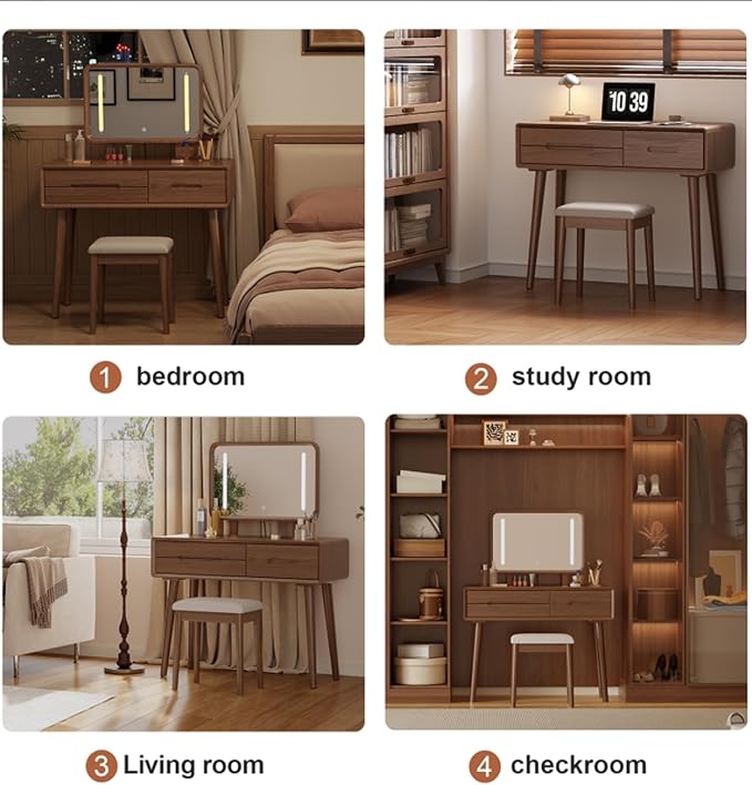 KungFuWood Natural Wooden Make up Table with Lighted Mirror,Soild Wooddressing Table with 3 Lighting Modes Brightness Adjustable,Drawers,Height Adjustable Mirror,Bedroom,Woman, Girl