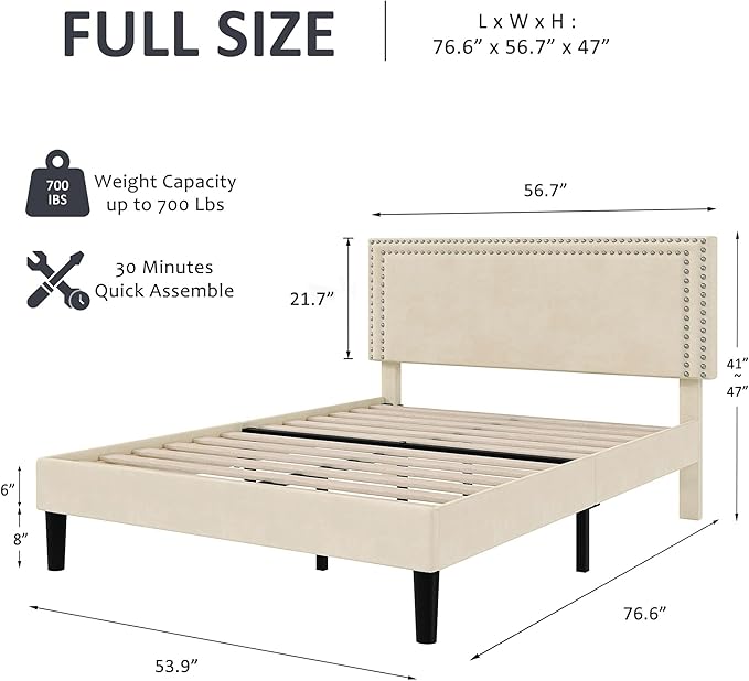 VECELO Full Size Bed Frame with Adjustable Upholstered Headboard, Wooden Slats Platform, Noise-Free Design, Easy Assembly