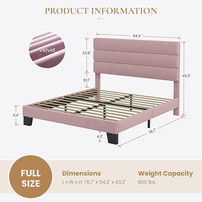 SHA CERLIN Full Platform Bed Frame with Velvet Upholstered Headboard, Mattress Foundation with Strong Wooden Slats Support, No Box Spring Needed, Pink