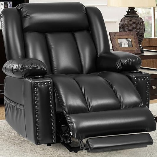 Large Power Lift Chair Recliner for Elderly with Heated and Massage, Overstuffed Adjustable Lift Chair, 3 Position, Breathable Leather, USB-A&USB-C, Cup Holder (Tall Man-7523, Black)
