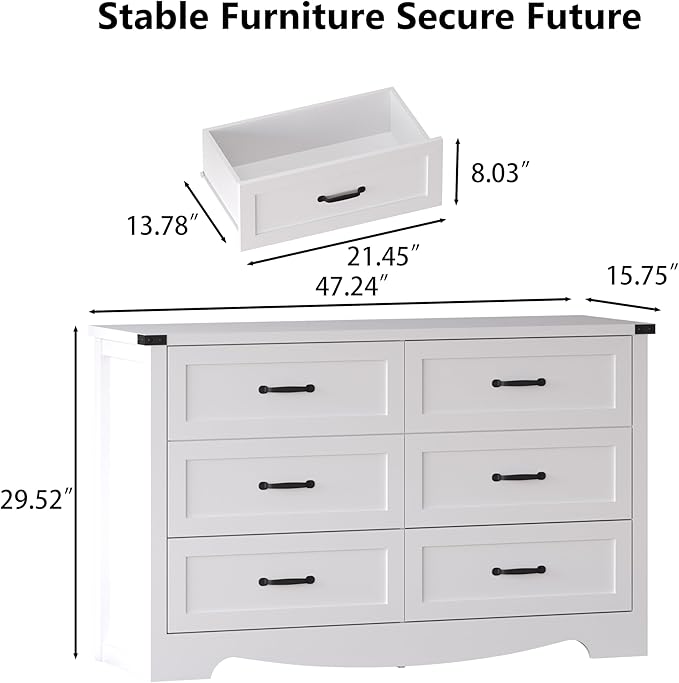 6-Drawer Dresser for Bedroom – 47" Wide Modern Wooden Chest with Natural Wood Texture, TV Stand & Storage, Metal Corner Brackets, Wood Drawer Organizer for Living Room, Hallway