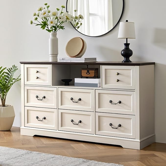 White Dresser for Bedroom with Charging Station & Led Lights,55.02" TV Stand with 8 Drawers,Dressers & Chests of Drawers with Open Shelves,Hallway,Closet 55.02" W x 34.53" H x 15.77" D White