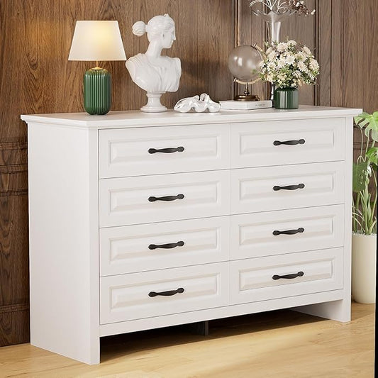 Pipishell White 8 Drawers Dresser for Bedroom, 47" Wide Wood Rustic Chest of Drawers with Bar Handles, Farmhouse Storage Dressers Organizer for Bedroom, Living Room, Hallway, White