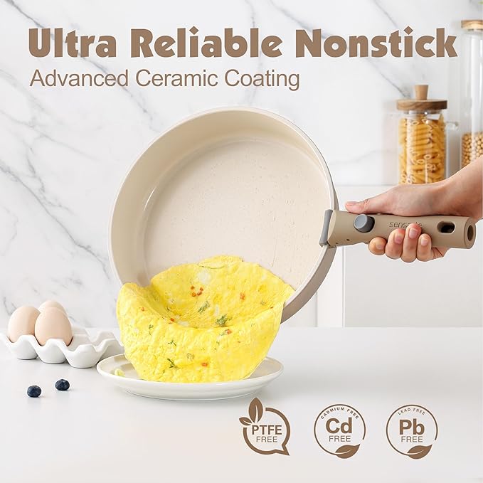 SENSARTE 17 Piece Ceramic Pots and Pans Set, Nonstick Detachable Handle Cookware, Induction Kitchen Cookware Set with Removable Handle, Dishwasher ＆ Oven Safe (Almond Beige)