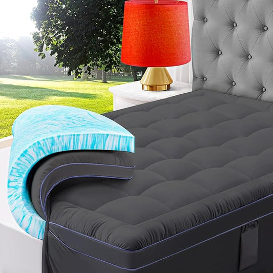 ABENE Queen Dual Layer 3 Inch Memory Foam Mattress Topper, 2 Inch Gel Memory Foam Plus 1 Inch Down Alternative Pillowtop Mattress Pad Cover, Soft Gray Bed Topper Support for Pressure Relief