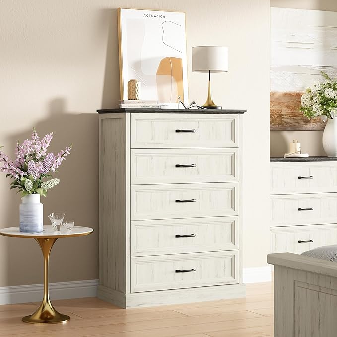 Farmhouse 5 Drawers Dresser for Bedroom, 44" Tall White Dresser Wood Rustic Chest of Drawers with Wide Metal Handle,Natural Texture,Drawer Organizer for Bedroom,Living Room,Hallway and Entryway