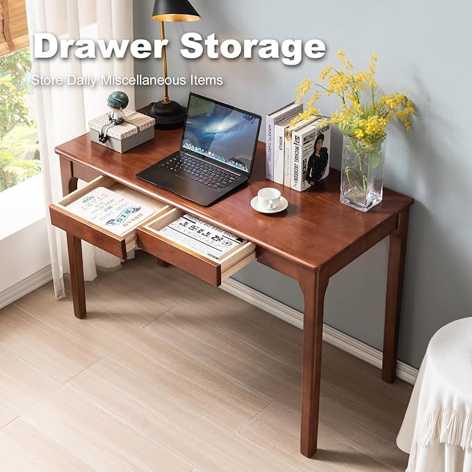 Solid Wood Desk with Drawers, Small Computer Desk for Small Spaces, Gaming Study Home Office Desks for Work, Student PC Desk for Bedroom, Escritorios para Cuartos (Cherry Color, 47inch)