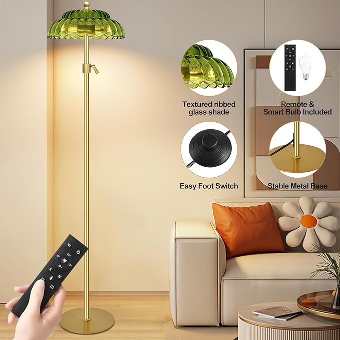 Vintage Floor Lamp with Remote Control, Gold Floor Lamp with 3 Color Temperature,Mid Century Modern Standing Lamp with Glass Lamp Shape,Brass Flower Lamp Tall Glass Floor Lamps for Living Room Bedroom