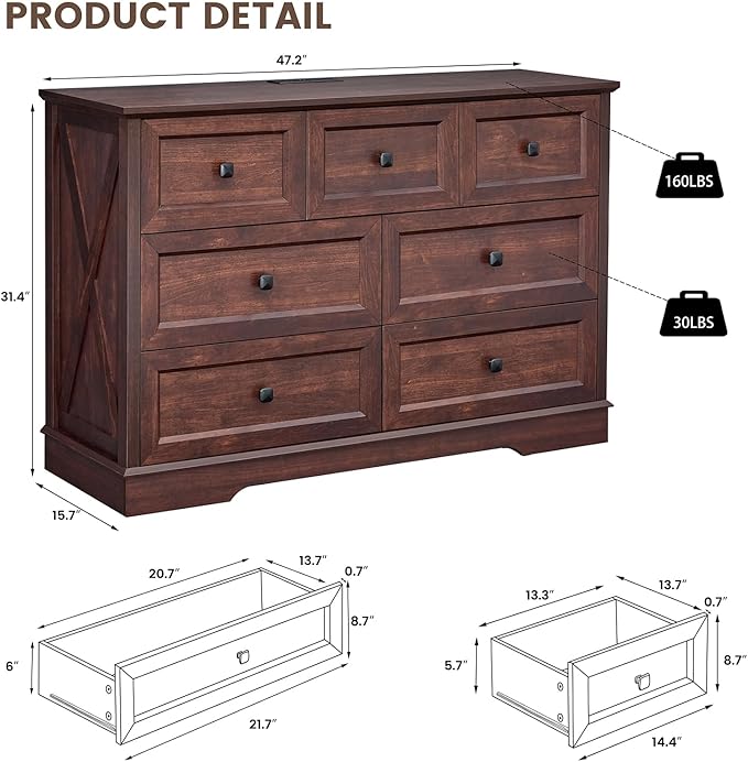 Farmhouse 7 Drawers Dresser for Bedroom with Charging Station, Rustic 7 Chest of Drawers, Wood Dressers for Closet, Modern Storage Organizer Cabinet for Living Room,Hallway & Entryway, Cherry Red