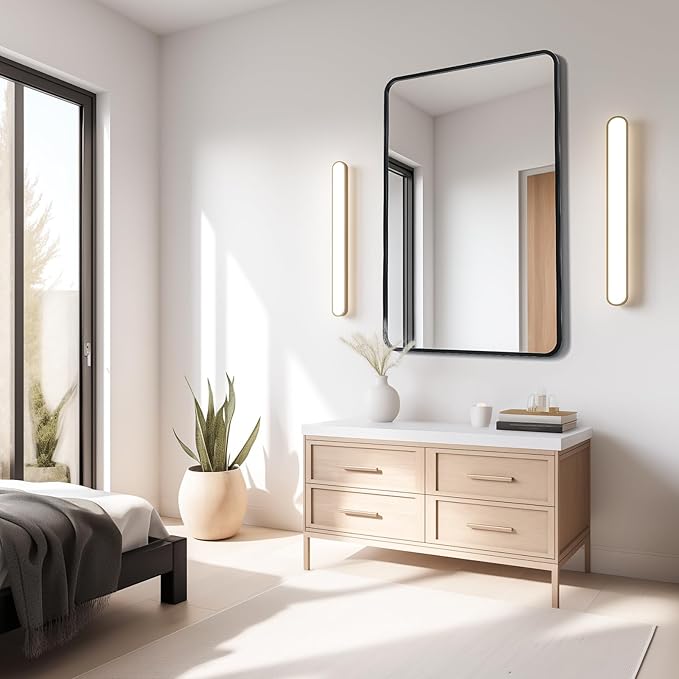 USHOWER Black Bathroom Mirror for Over Sink 24 x 36 Inch, Metal Frame Rectangle Vanity Mirror, Matte Black Modern Mirror for Wall